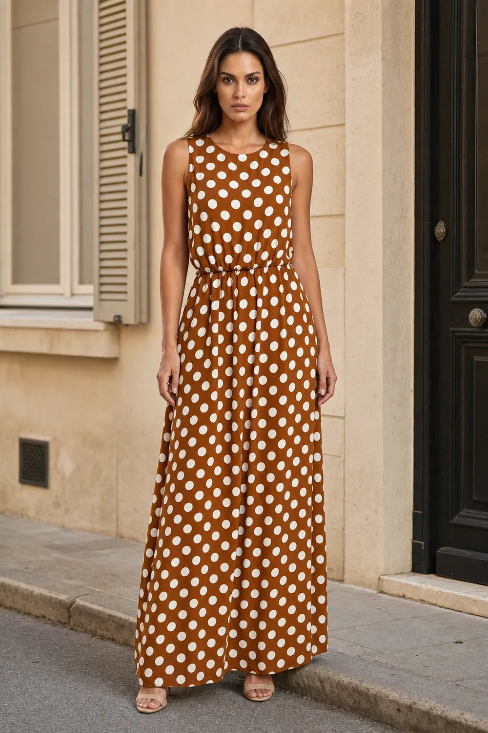 Brown polka dot maxi dress on model in contrapposto stance