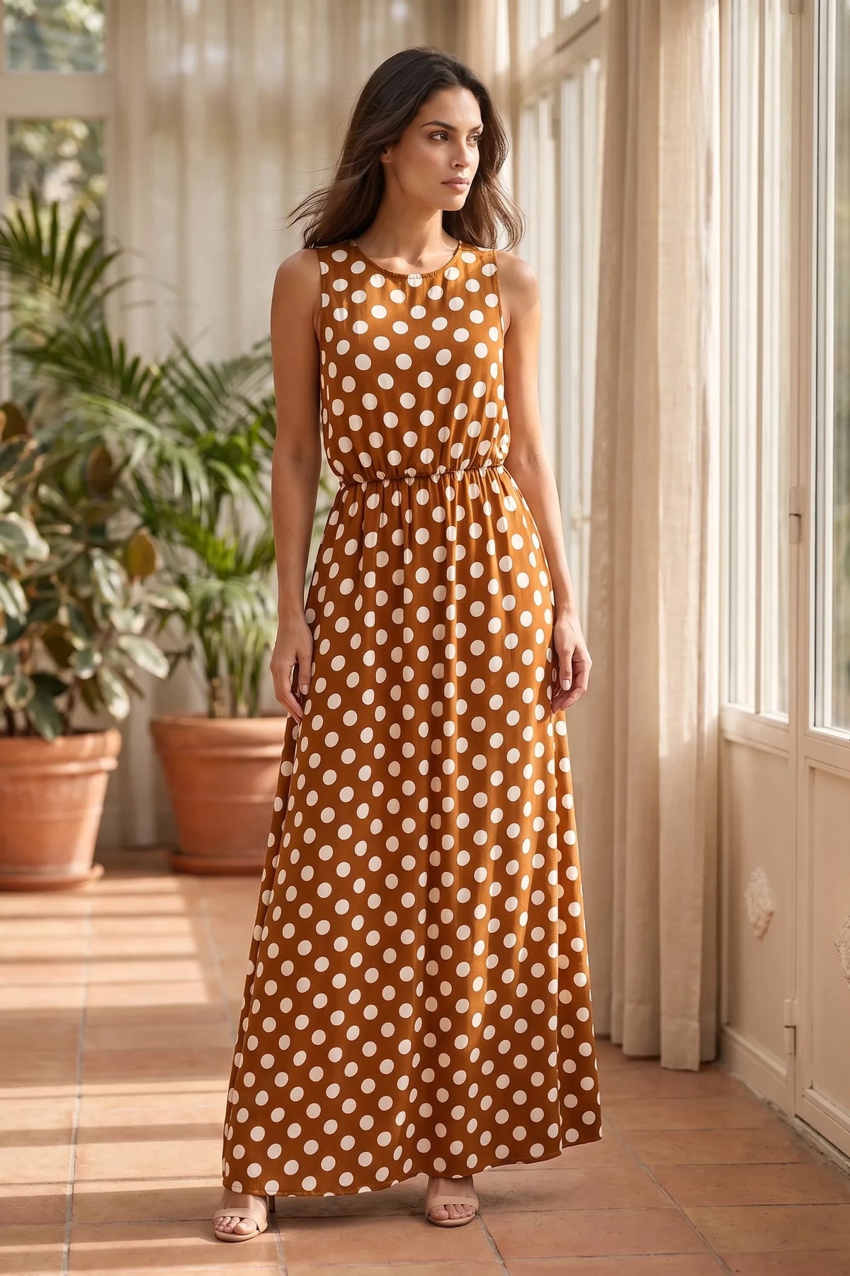 Polka Dot Print Sleeveless Maxi Dress for Women with Elastic Waist, Retro Vintage Style for Wedding Guest, Graduation or Garden Party – Lace Alexander