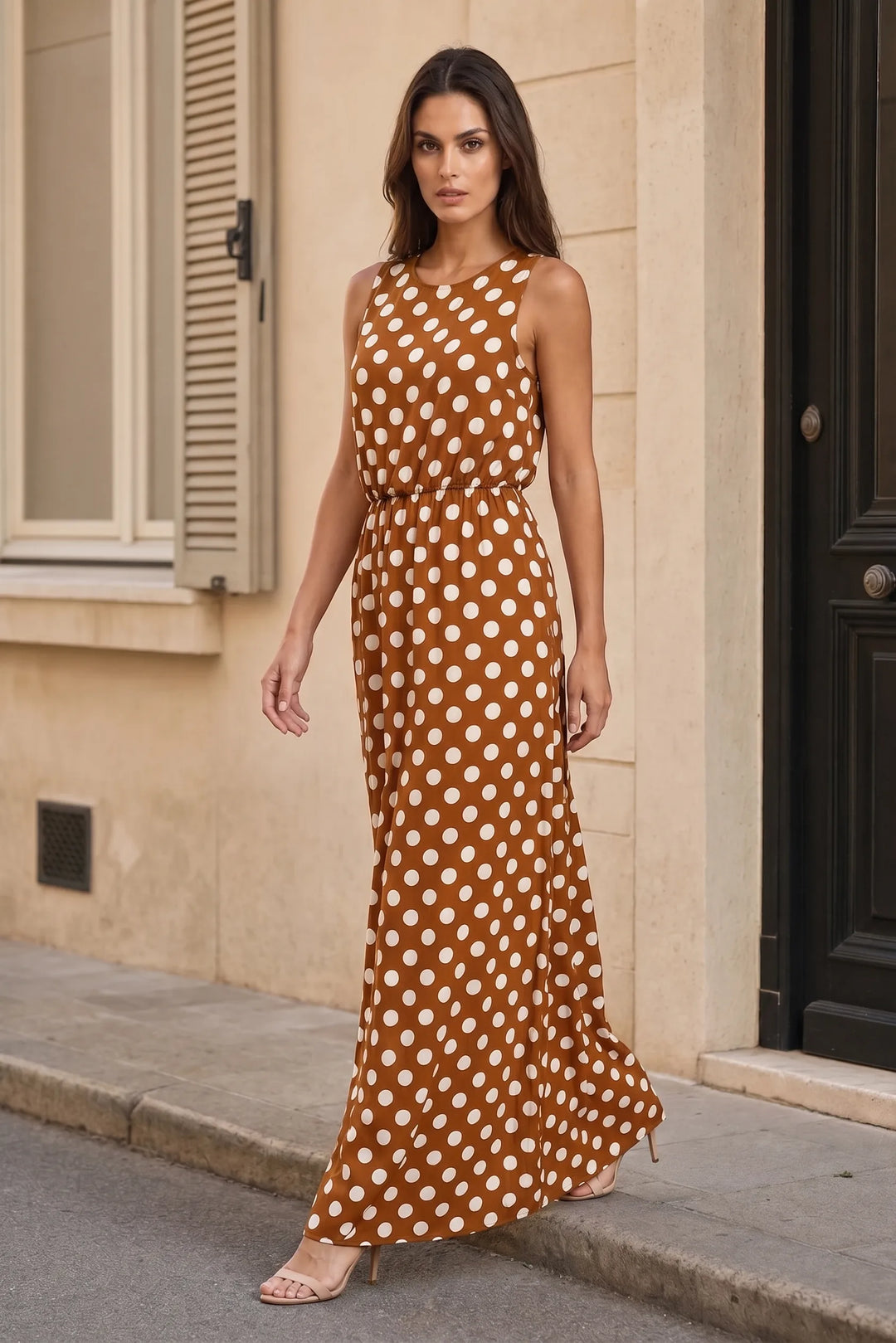 Brown polka dot maxi dress on model in three-quarter turn