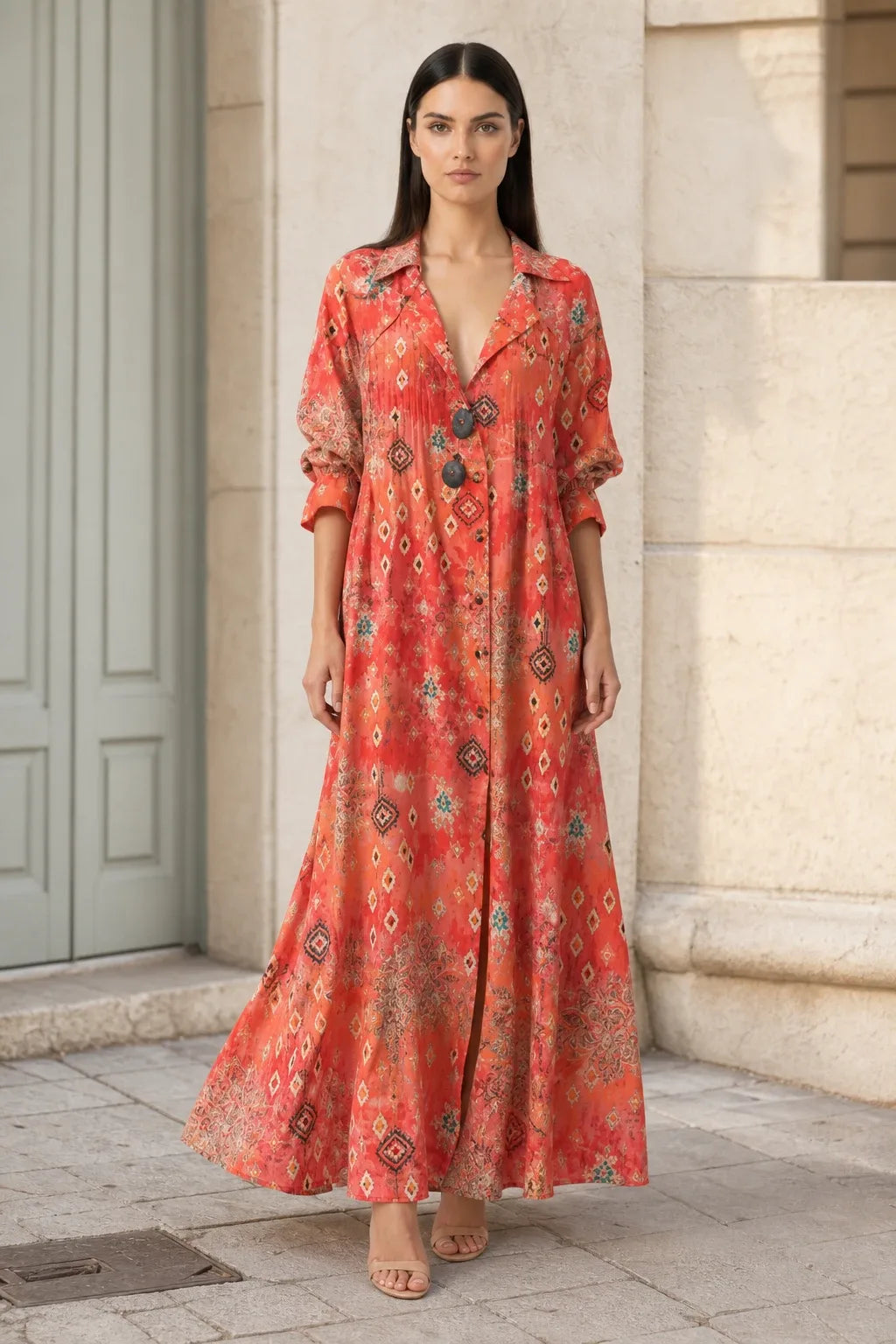 Red floral tiered maxi dress on model in contrapposto stance