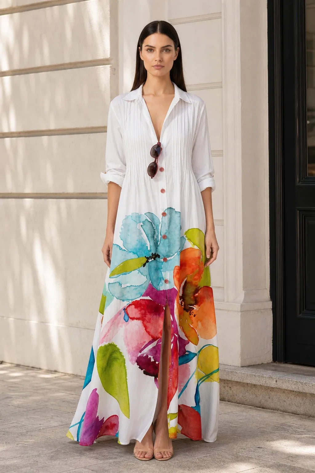 White floral tiered maxi dress on model in contrapposto stance