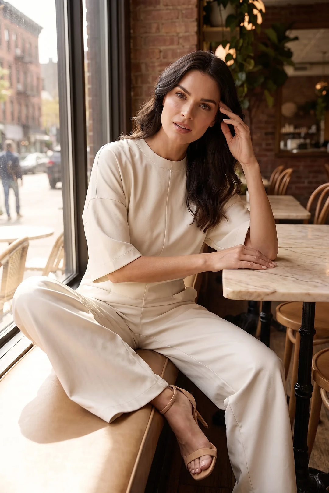Model wearing white wide-leg jumpsuit in outdoor lifestyle setting