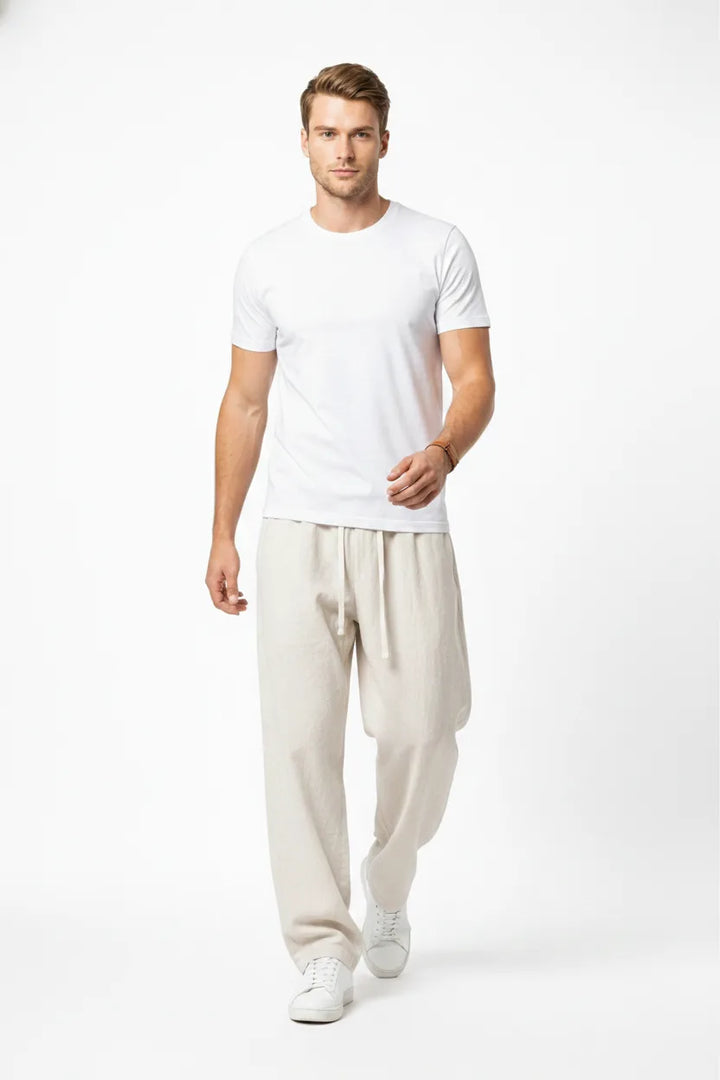 Wide-leg khaki linen pants on a model captured in natural movement