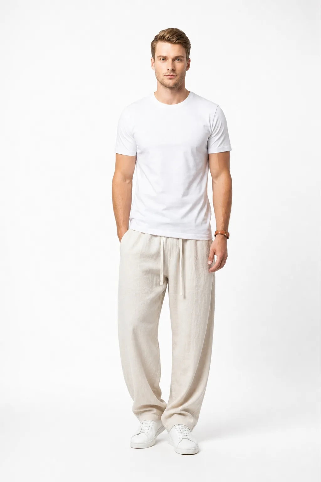 Wide-leg khaki linen pants on a model in a contrapposto stance