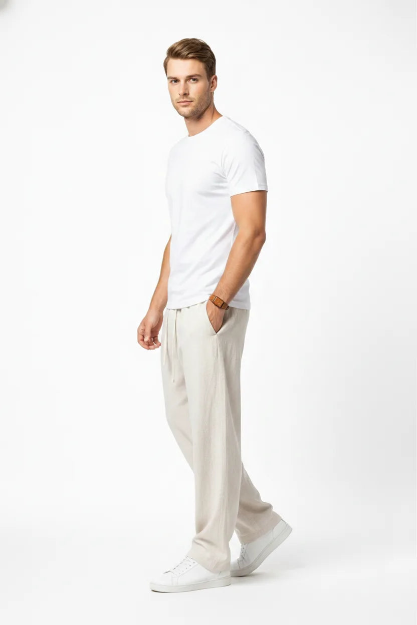 Wide-leg khaki linen pants on a model in a three-quarter turn