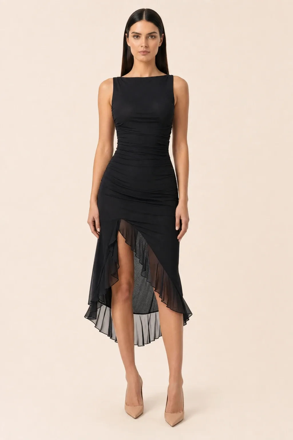 Black and red ruched ruffle midi dress on model in contrapposto stance