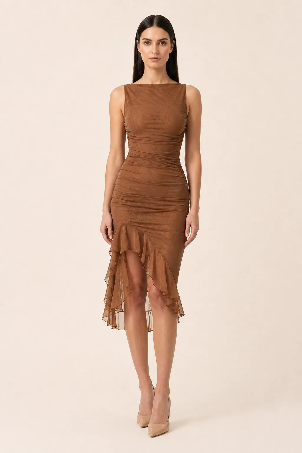 Brown ruched ruffle midi dress on model in contrapposto stance