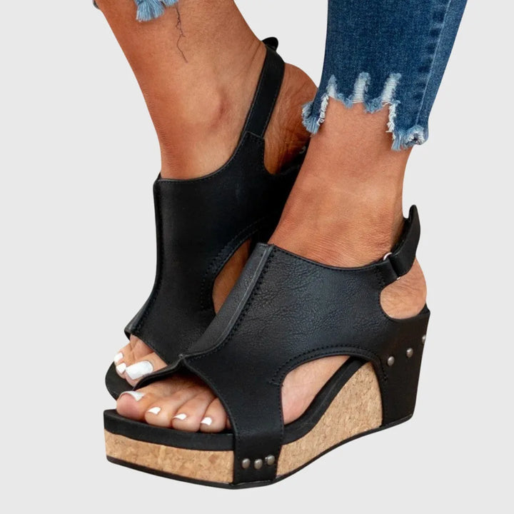 Beige wedge platform sandal angled view showing overall silhouette
