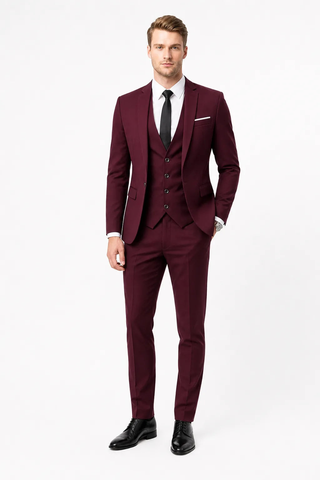 Slim burgundy three-piece suit on male model in contrapposto stance