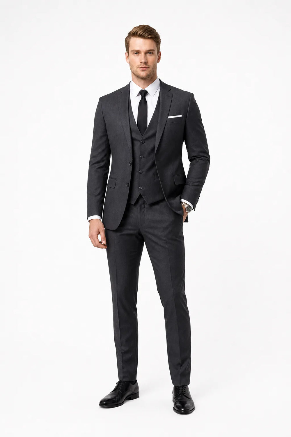 Slim grey three-piece suit on male model in contrapposto stance