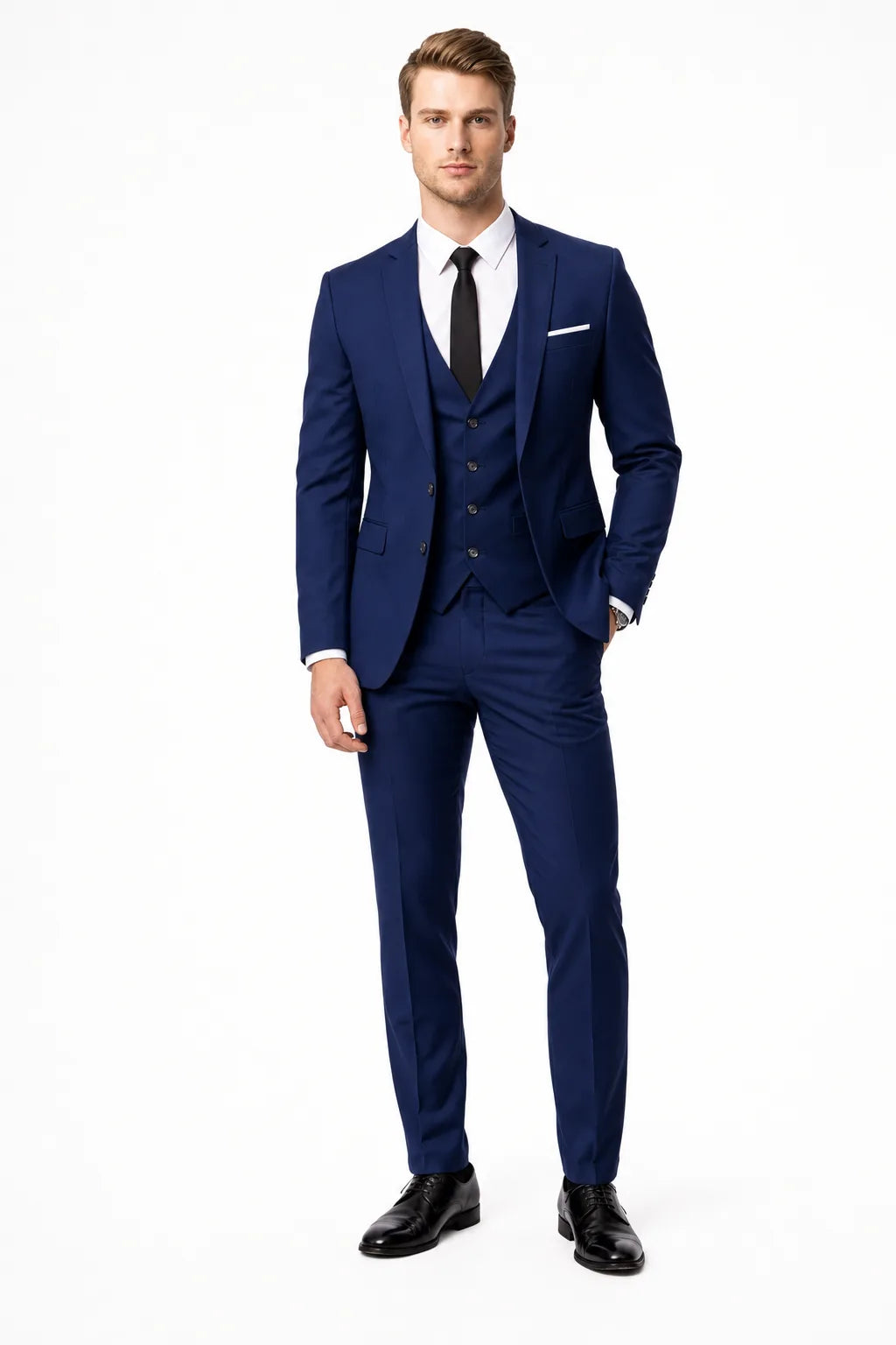 Slim navy blue three-piece suit on male model in contrapposto stance