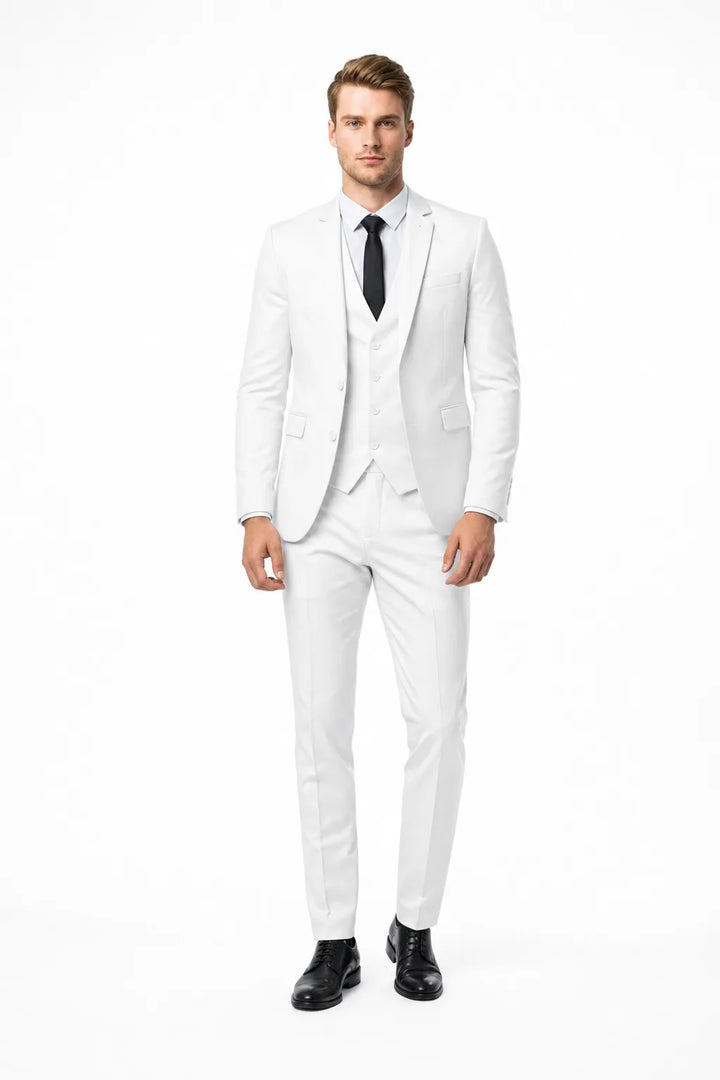 Slim white three-piece suit on male model in contrapposto stance