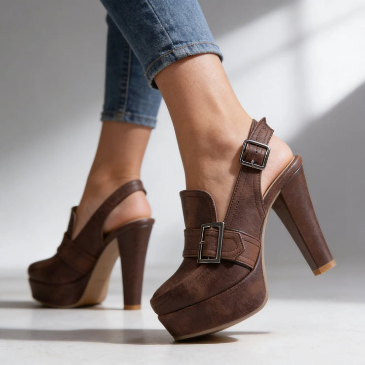 Brown platform slingback loafer, front view