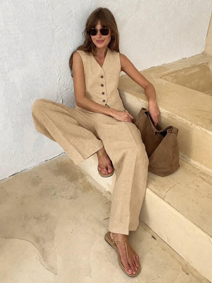 Beige sleeveless vest and wide-leg trouser co-ord set, additional styling view