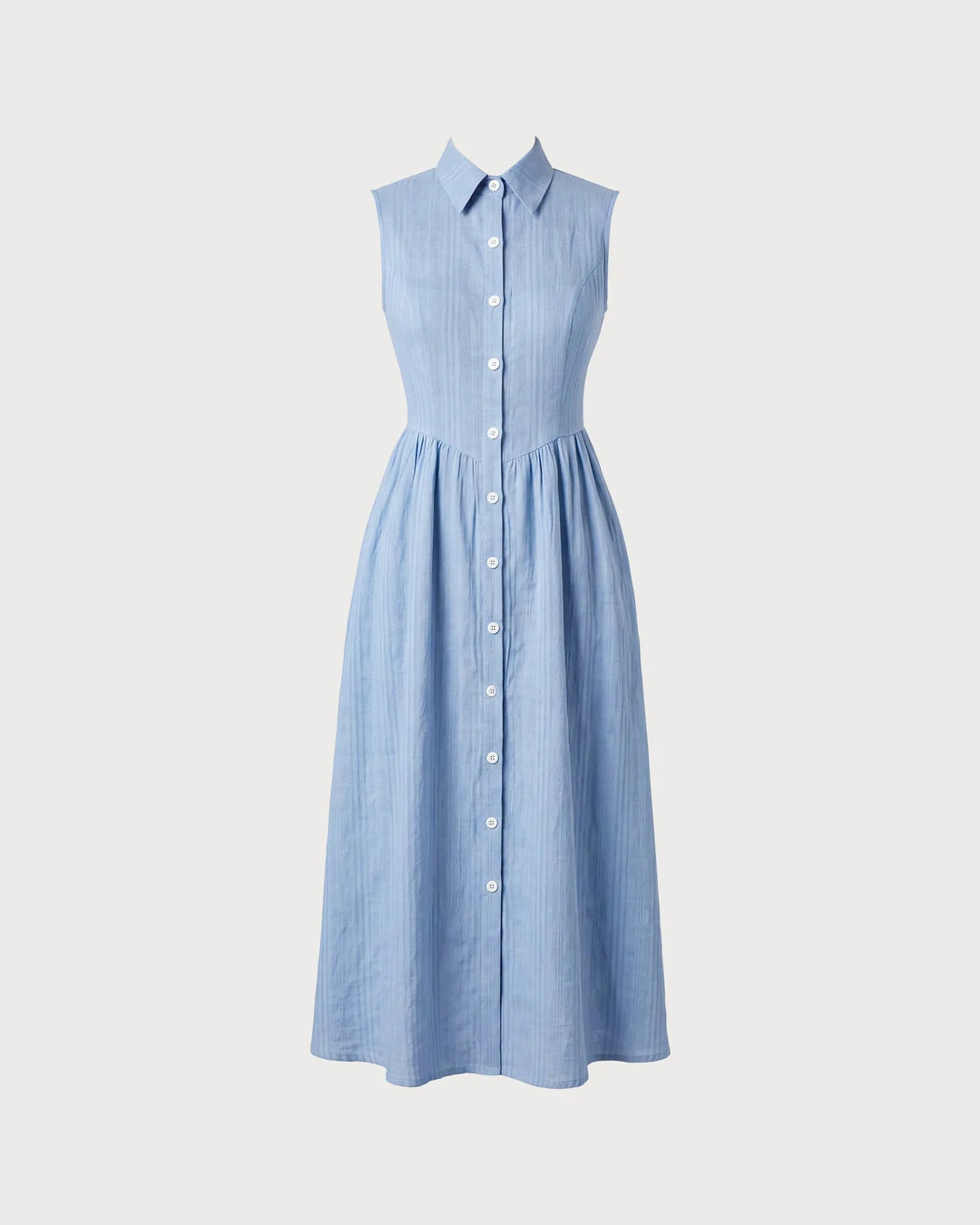 Blue belted shirt midi dress on model shown from the side