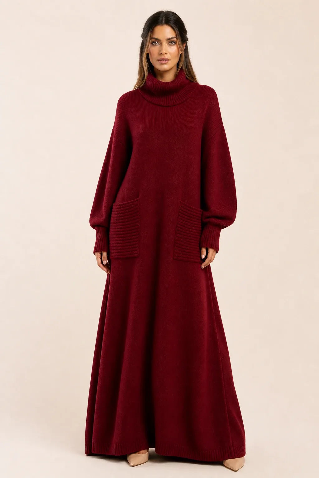 Burgundy ribbed turtleneck sweater maxi dress on model in contrapposto stance