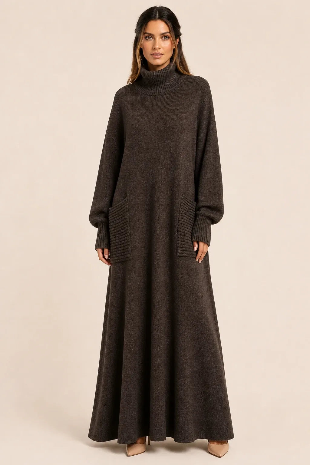 Coffee brown ribbed turtleneck sweater maxi dress on model in contrapposto stance