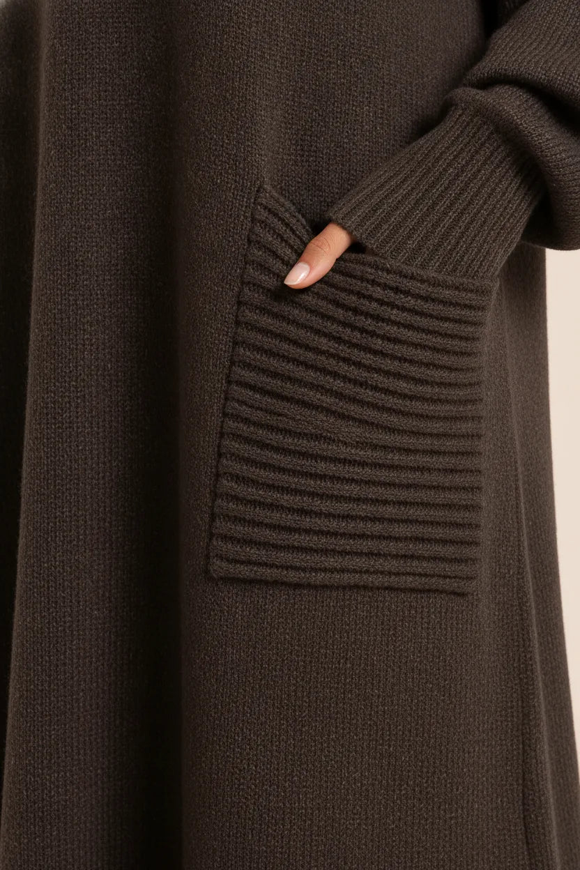 Close-up detail of coffee brown ribbed turtleneck sweater maxi dress