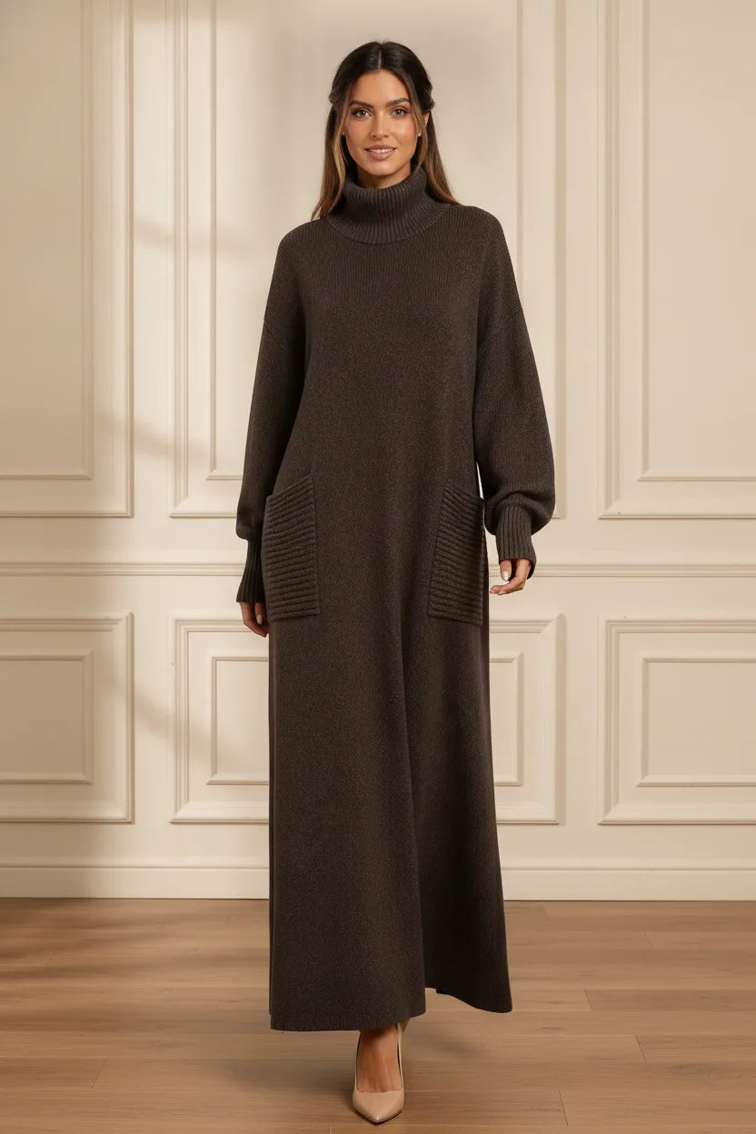 Coffee brown ribbed turtleneck sweater maxi dress worn outside a storefront