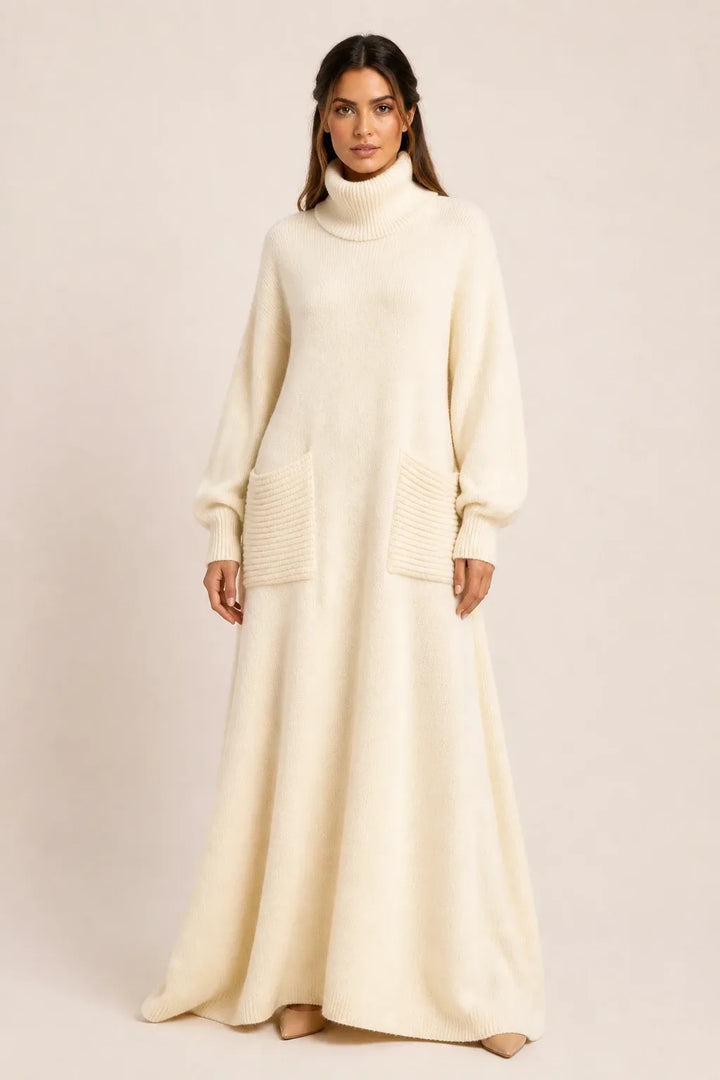 White ribbed turtleneck sweater maxi dress on model in contrapposto stance
