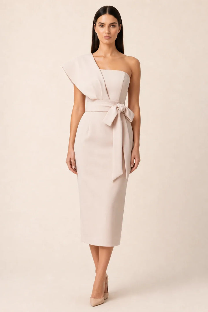 Apricot one-shoulder belted midi dress on model in contrapposto stance