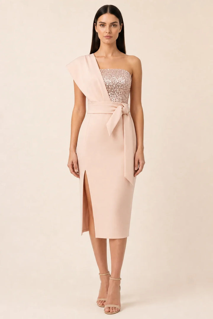Rose-silver one-shoulder belted midi dress on model in contrapposto stance
