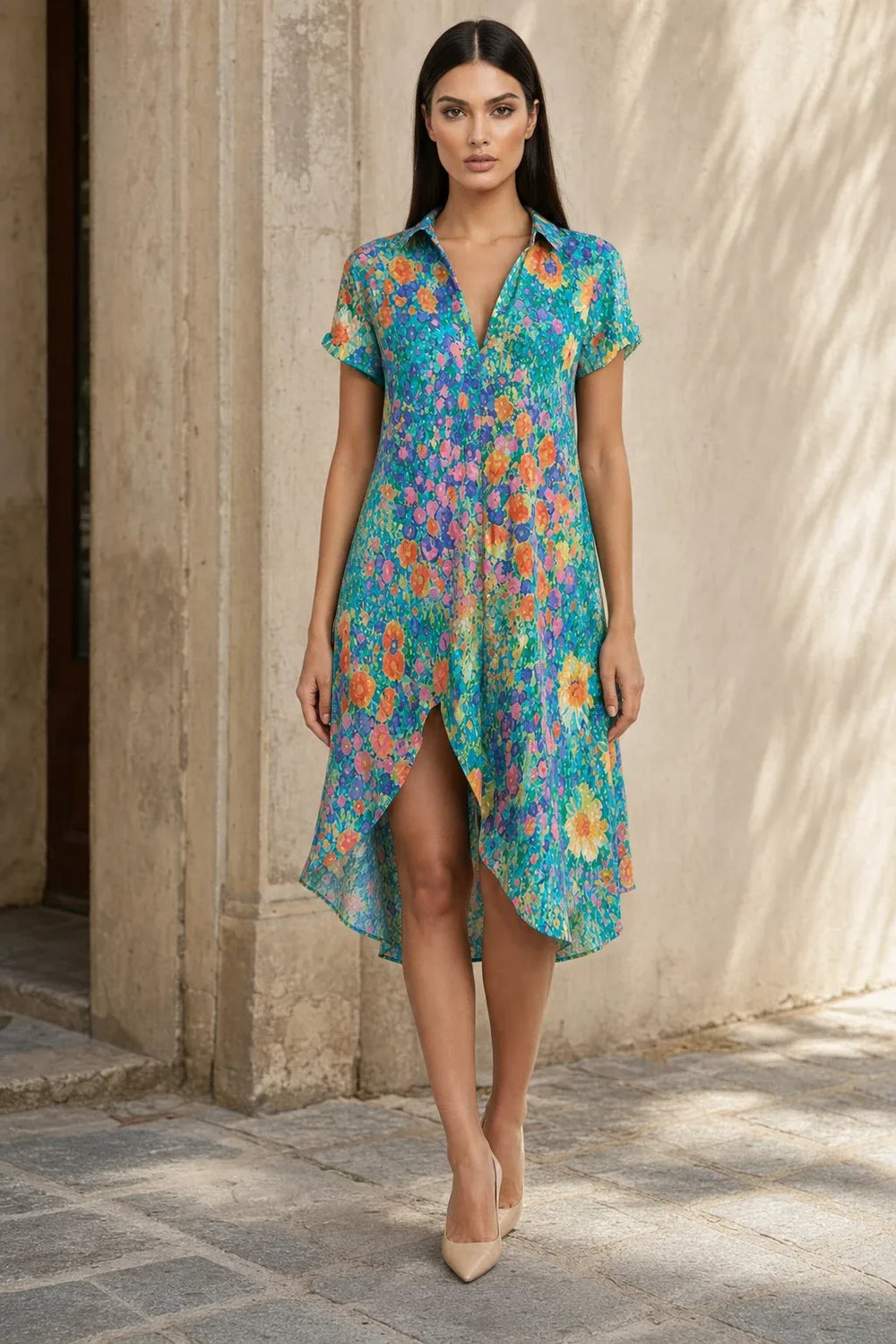 Multicolor floral asymmetric midi dress on a model in a contrapposto stance