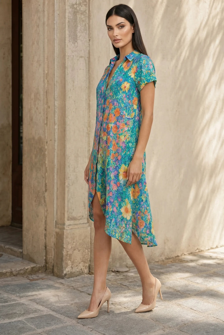 Multicolor floral asymmetric midi dress on a model in a three-quarter turn