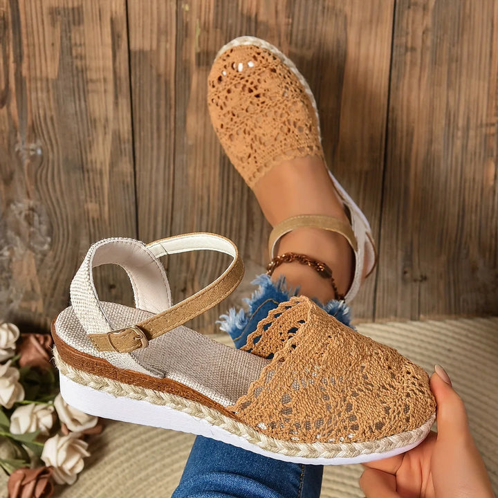 Beige crochet espadrille sandal, heel view