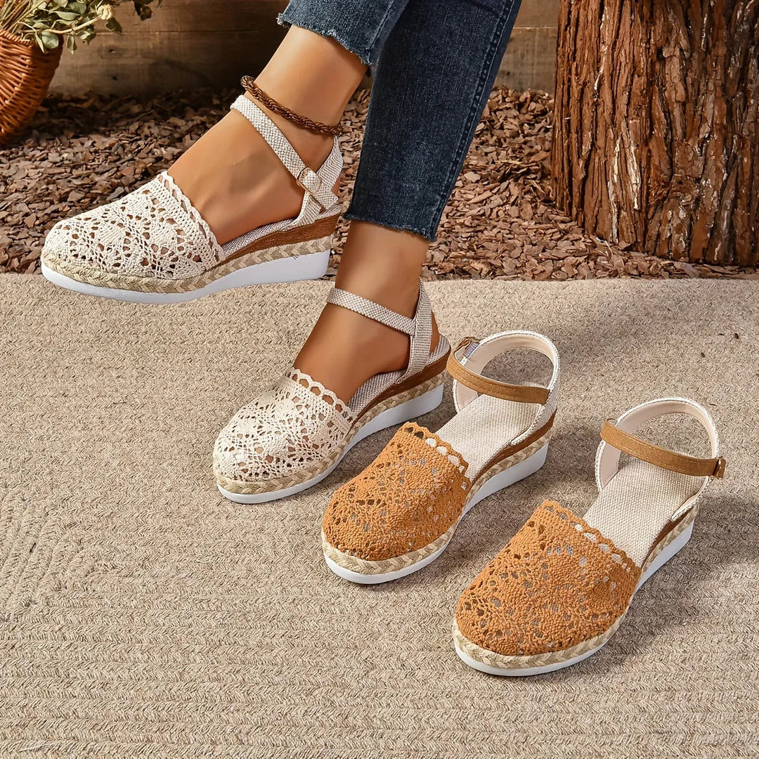 Beige crochet espadrille sandal, close-up detail of crochet texture and jute sole