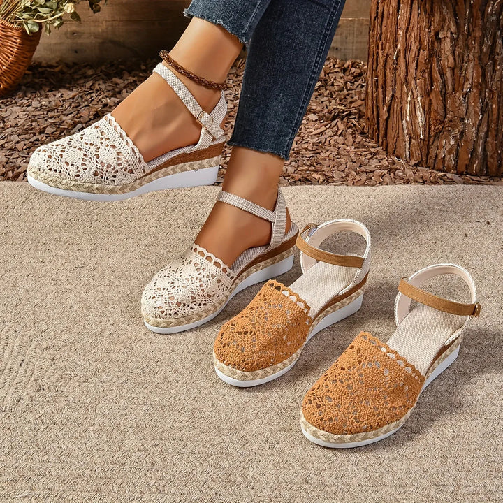 Beige crochet espadrille sandal, close-up detail of crochet texture and jute sole