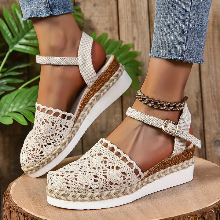Beige crochet espadrille sandal, front view