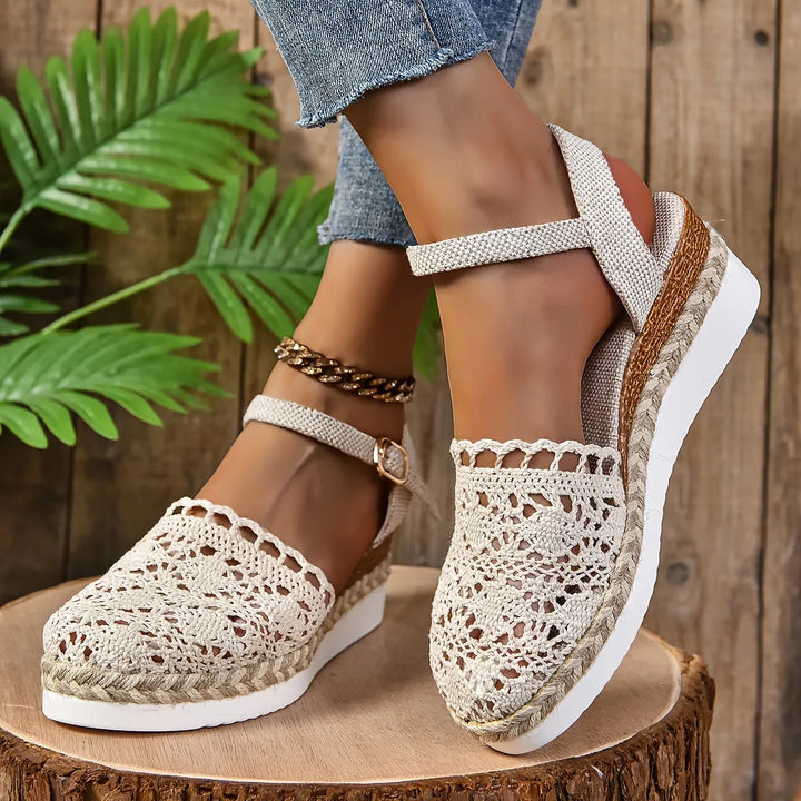 Beige crochet espadrille sandal, three-quarter angle view