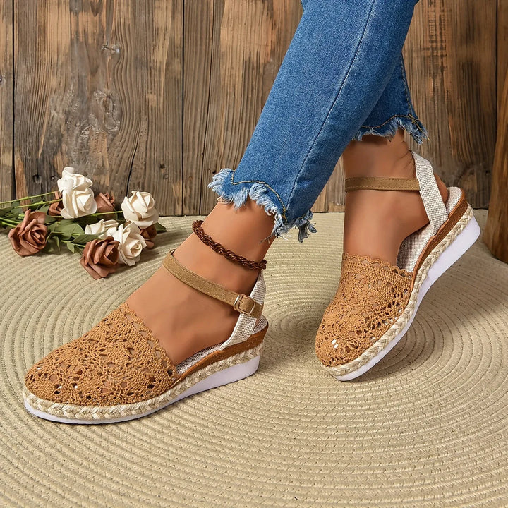 Beige crochet espadrille sandal paired with summer outfit, lifestyle view