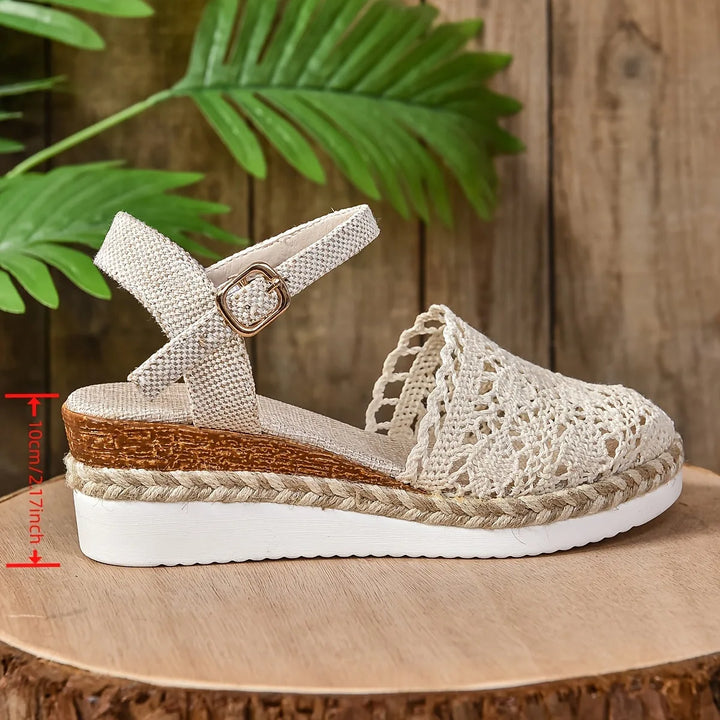 Beige crochet espadrille sandal, flat lay styling view