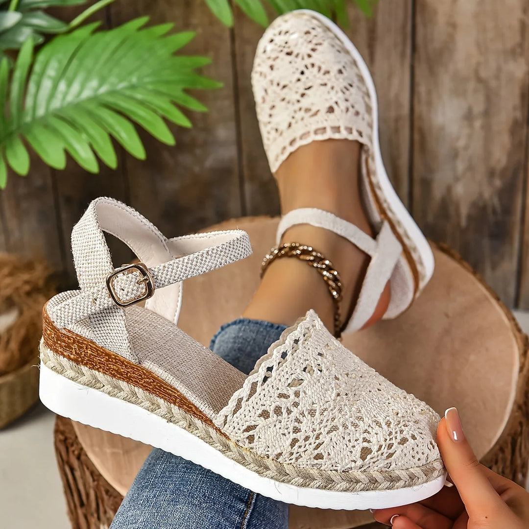 Beige crochet espadrille sandal, top-down view