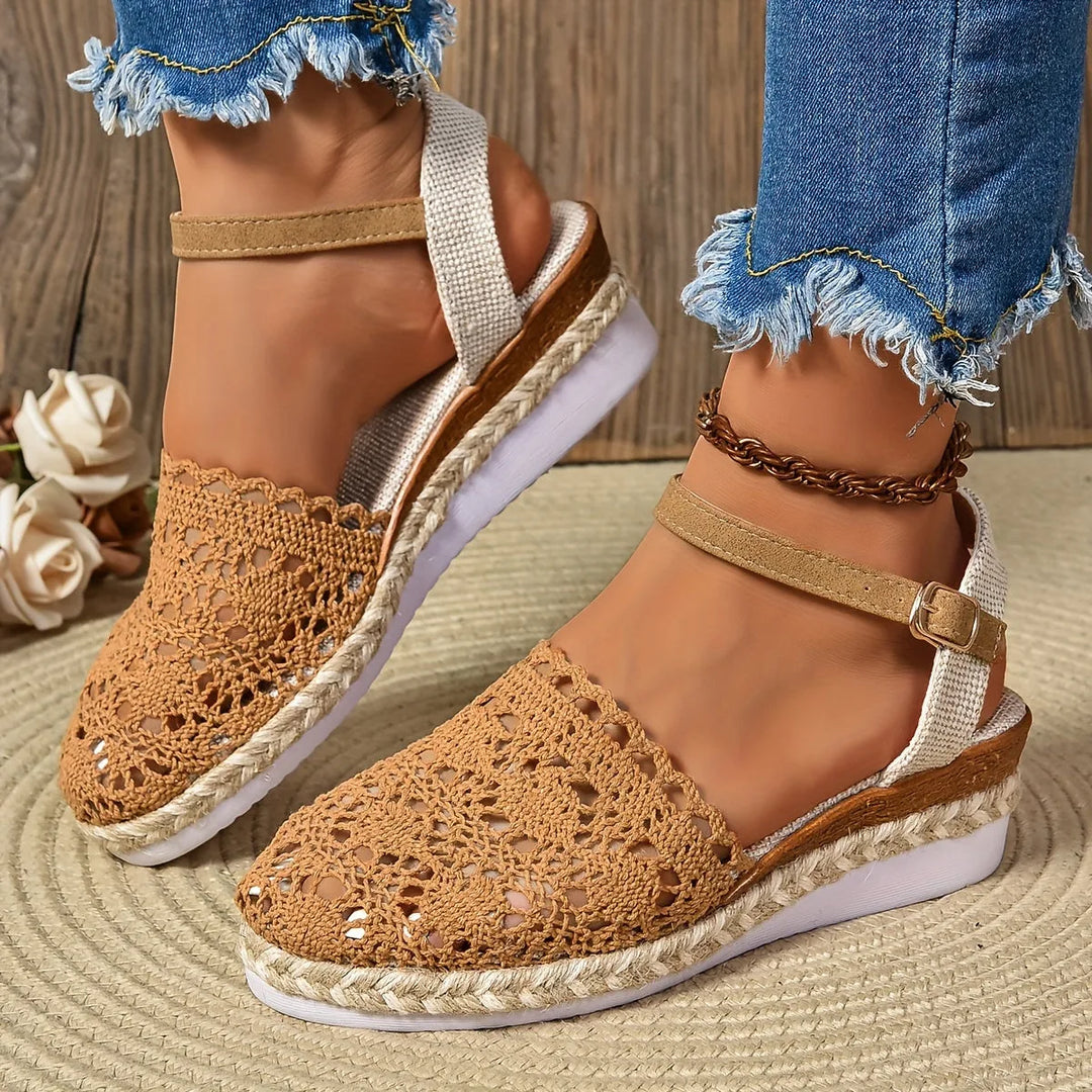 Dark brown crochet espadrille sandal, angled side view