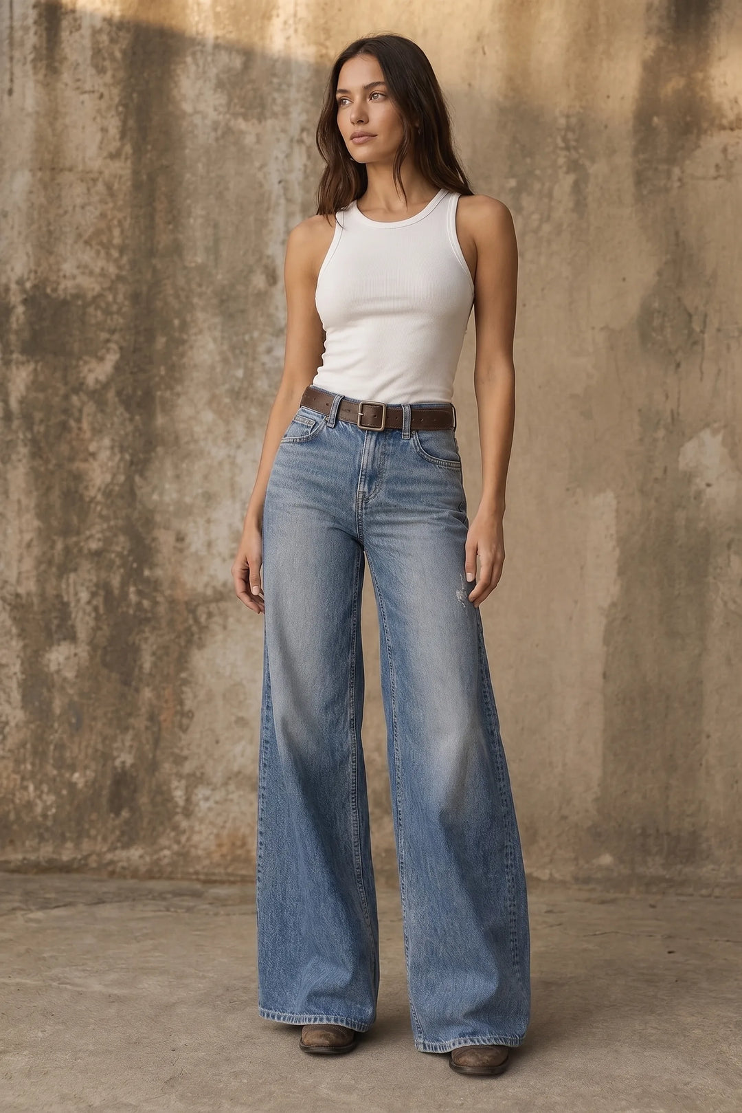 Model wearing light blue wide-leg flare jeans in a lifestyle setting
