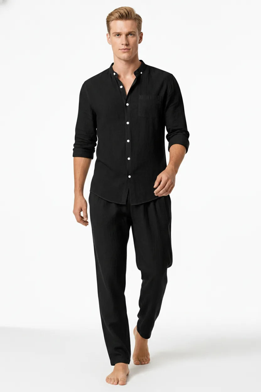 Black linen mandarin collar matching set on model in natural movement