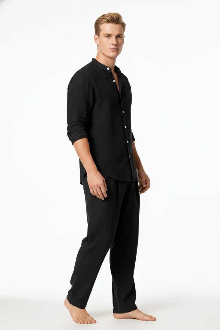 Black linen mandarin collar matching set on model in three-quarter turn