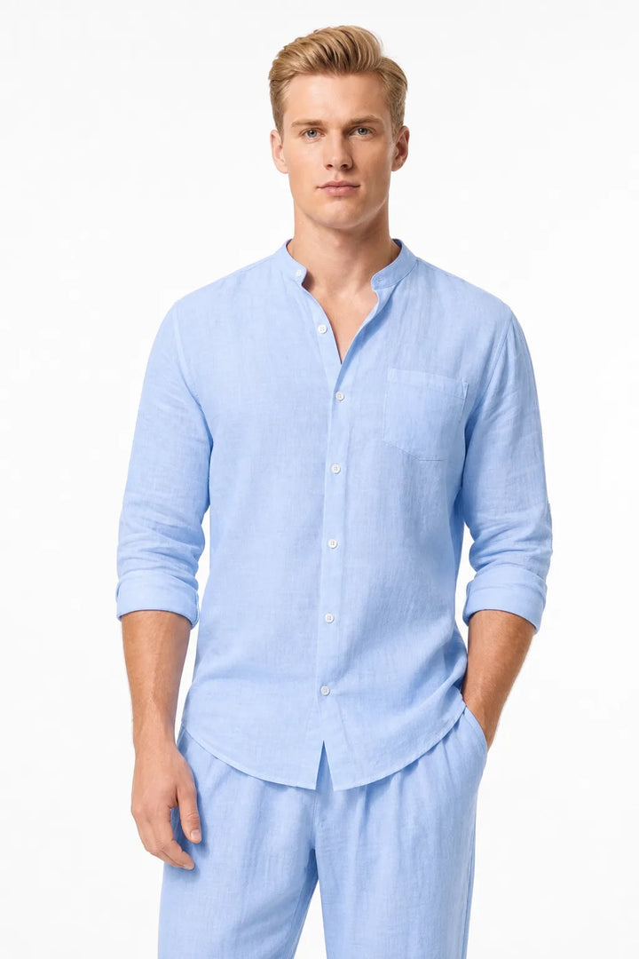 Blue linen mandarin collar matching set on model in contrapposto stance
