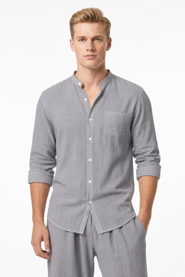 Grey linen mandarin collar matching set on model in contrapposto stance