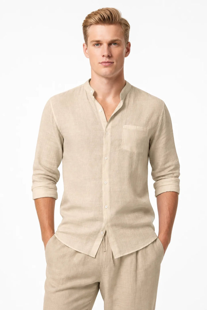 Khaki linen mandarin collar matching set on model in contrapposto stance