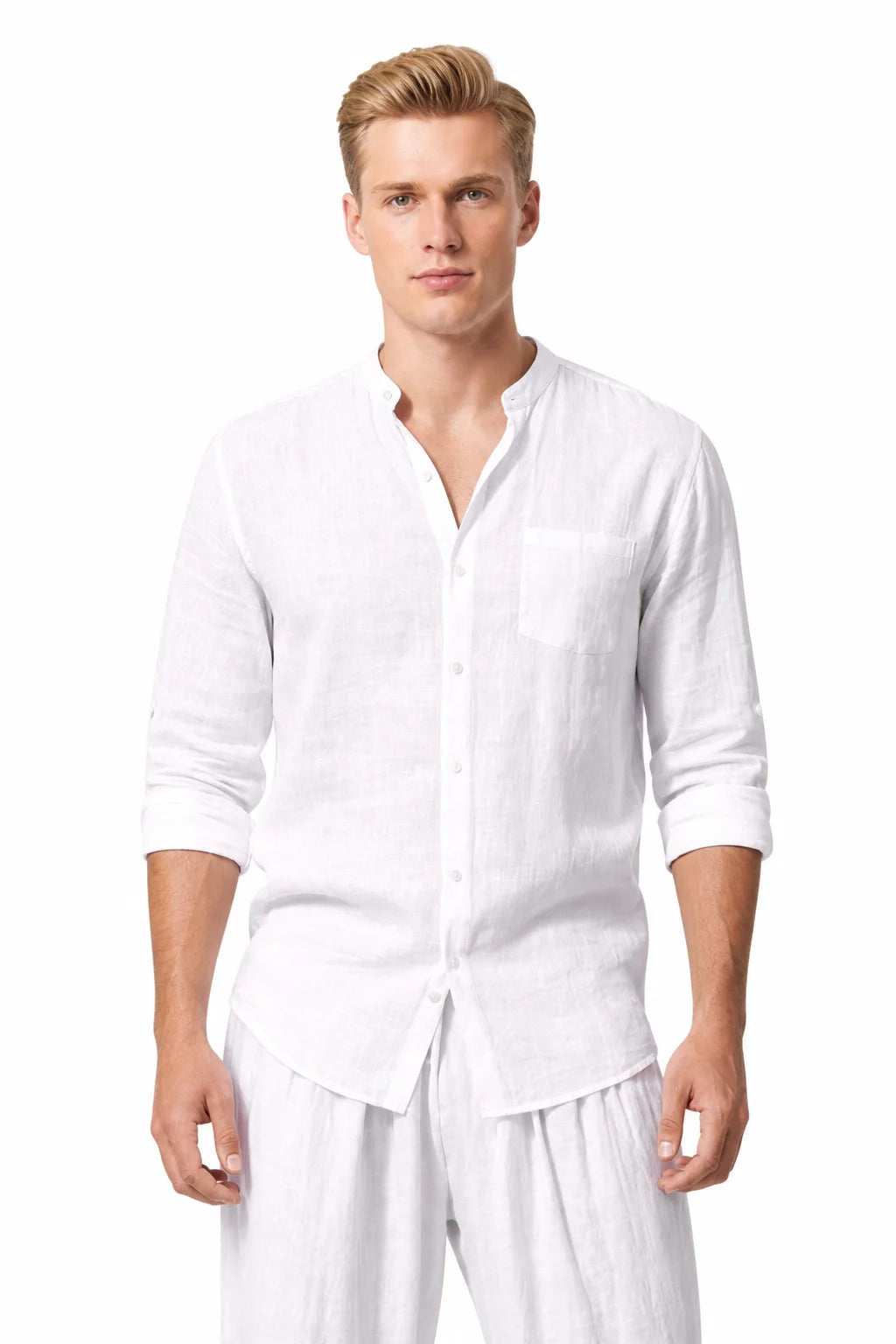 White linen mandarin collar matching set on model in contrapposto stance