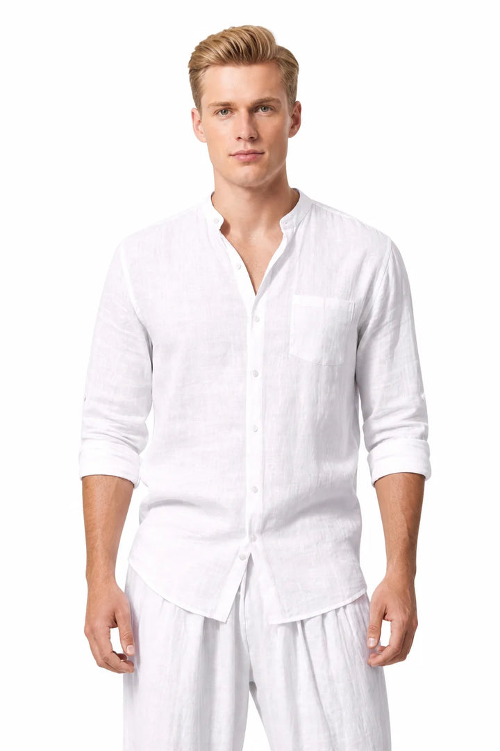 White linen mandarin collar matching set on model in contrapposto stance