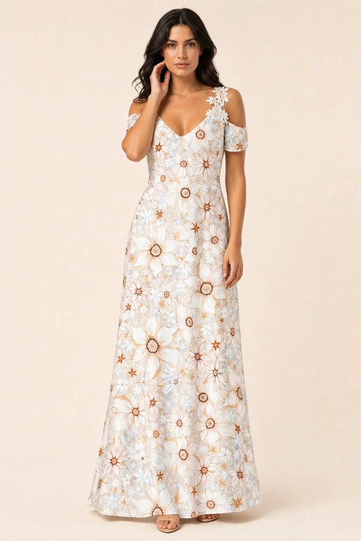 Off-white cold shoulder maxi dress on model in contrapposto stance