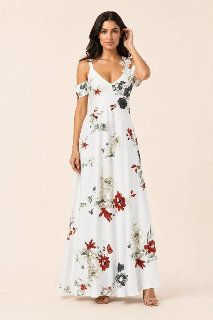 White cold shoulder maxi dress on model in contrapposto stance