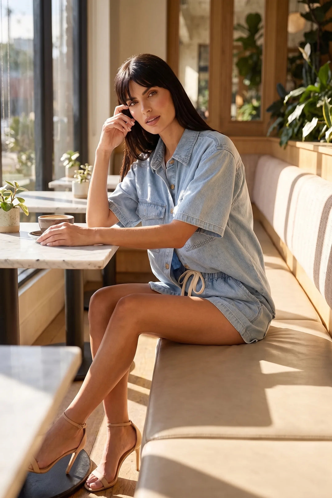 Model wearing light blue denim shirt set in casual lifestyle scene
