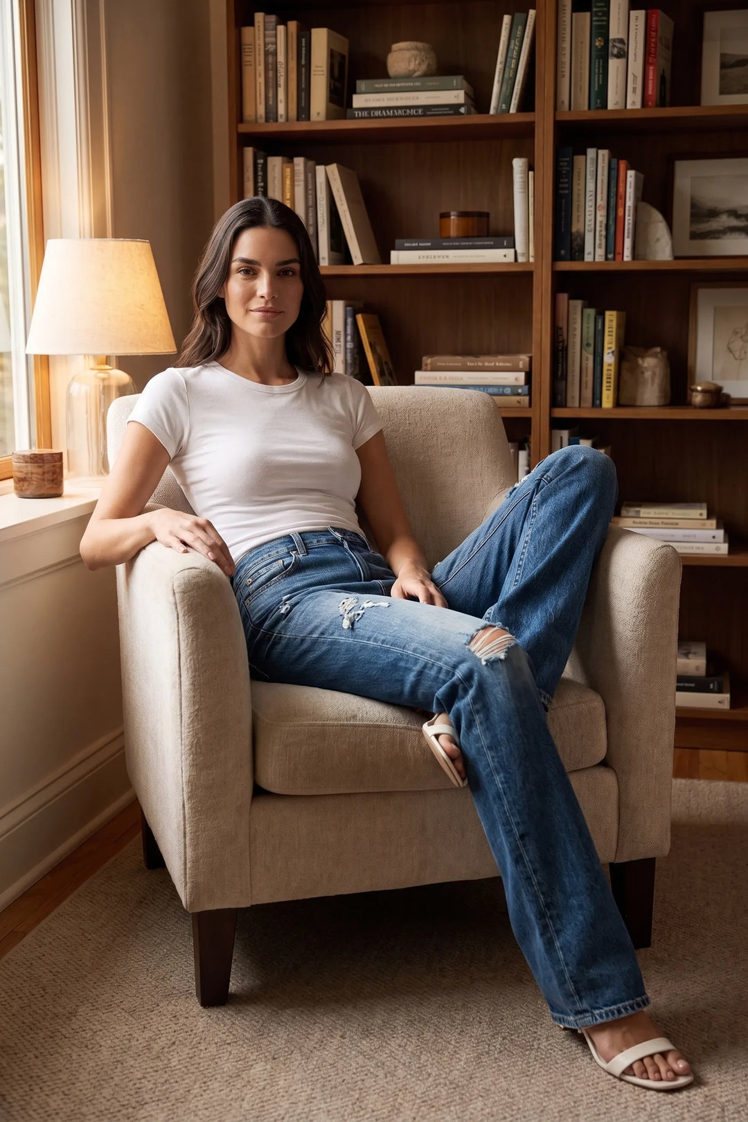 Model wearing dark blue distressed wide leg jeans in an outdoor lifestyle setting