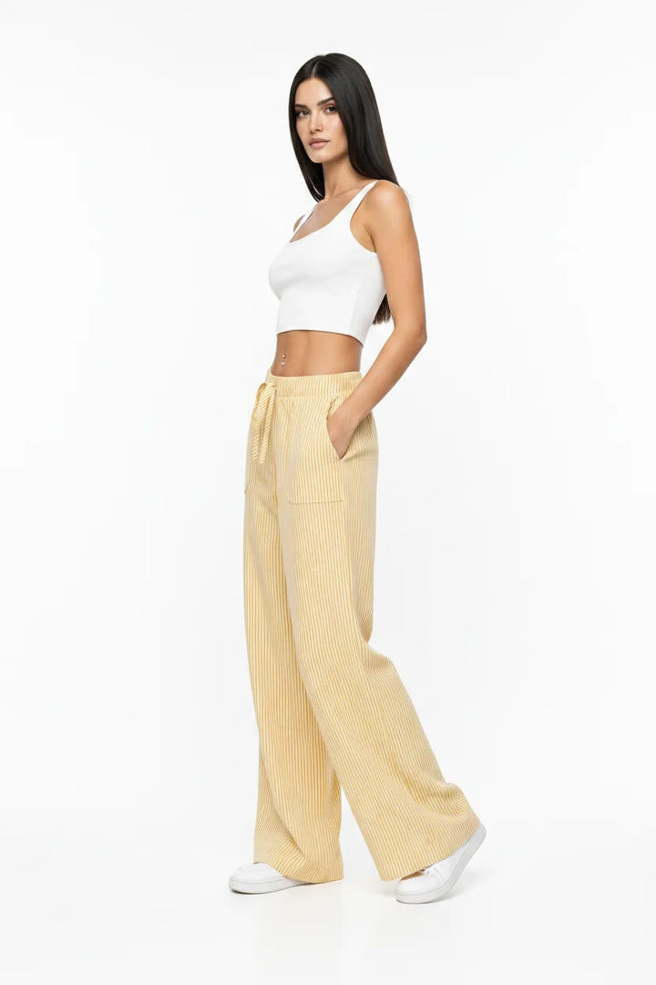 Yellow striped wide-leg pants on a model in a three-quarter turn